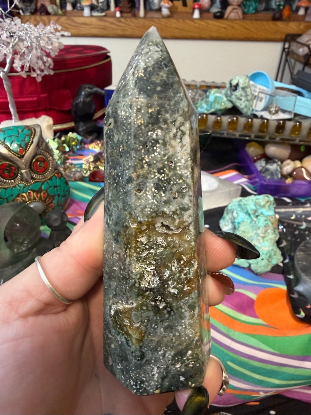 Handheld Green and Brown Moss Agate Crystal Tower tip slightly broke.